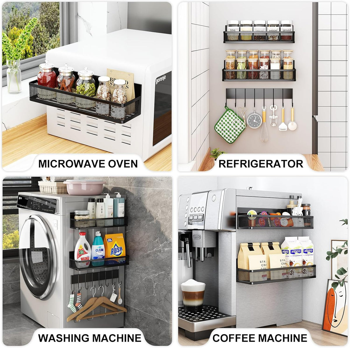 Magnetic Spice Rack for Refrigerator, 3 Pack Magnetic Shelf, Moveable Fridge Organizer with 8-Hook