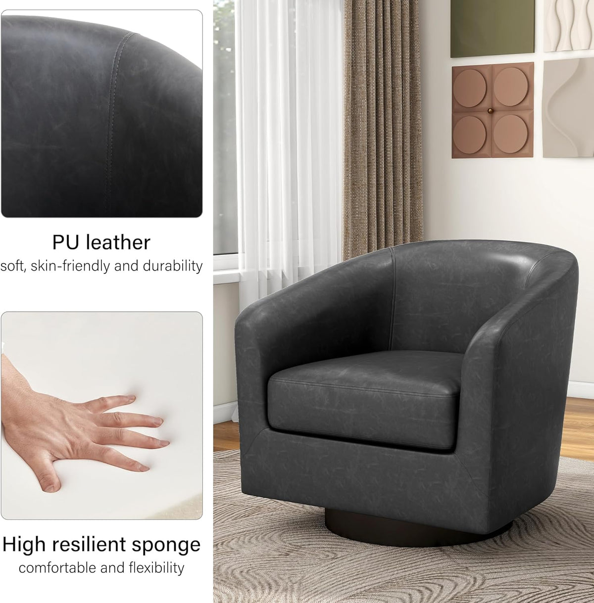 Swivel Barrel Accent Chair, Modern Round Faux Leather Arm Chair for Living Room, Bedroom, Comfy