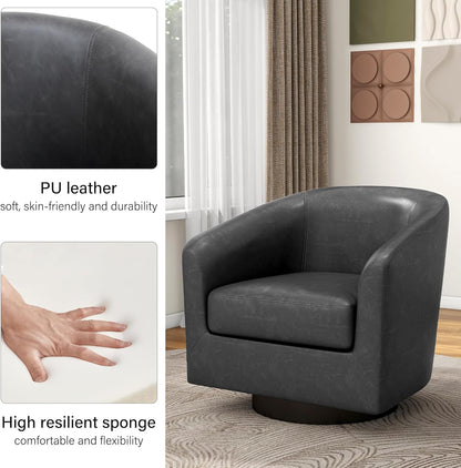 Swivel Barrel Accent Chair, Modern Round Faux Leather Arm Chair for Living Room, Bedroom, Comfy