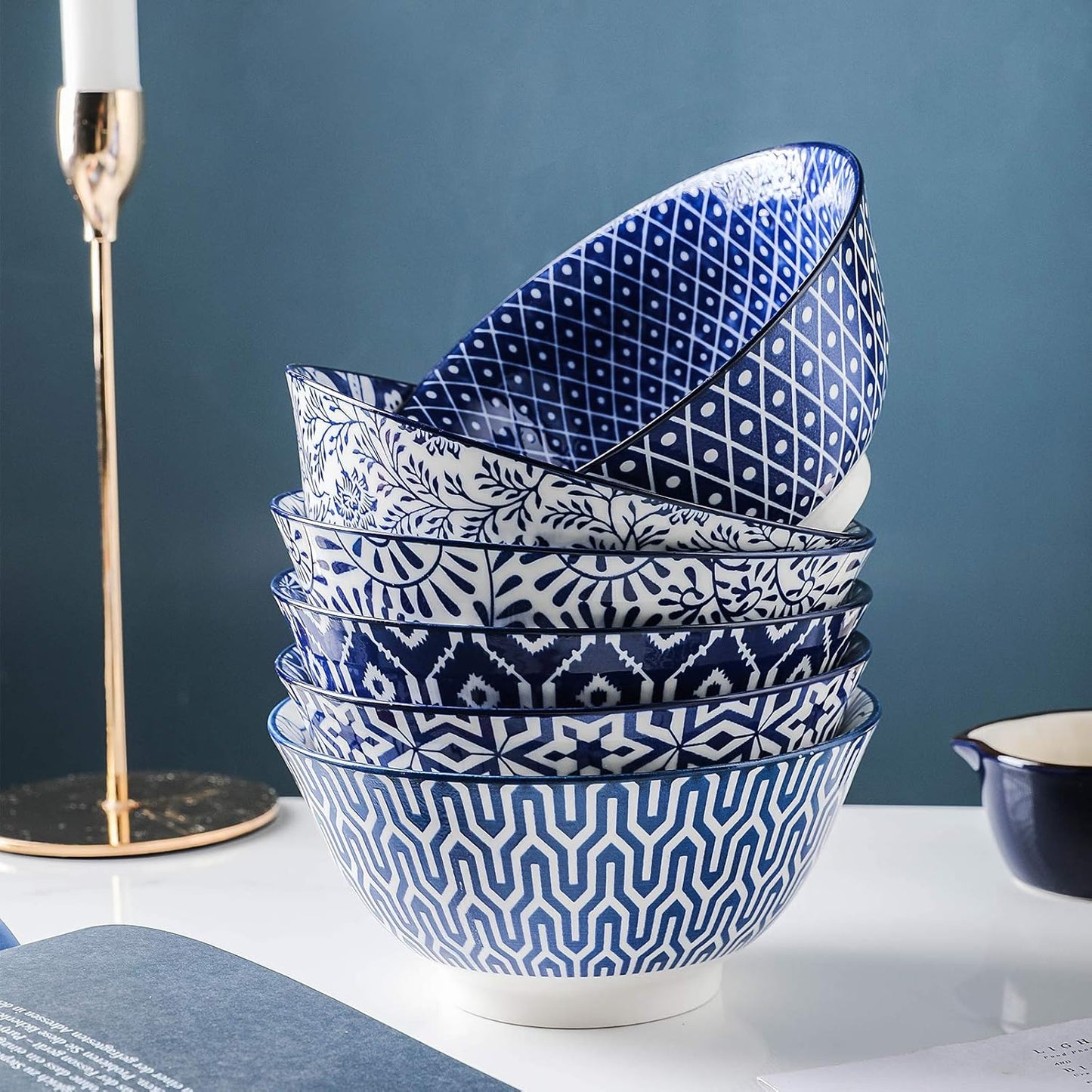 Selamica Blue and White Porcelain 20oz Cereal Bowl Set - Set of 6, 6 inch Soup Bowls, Ceramic bowls