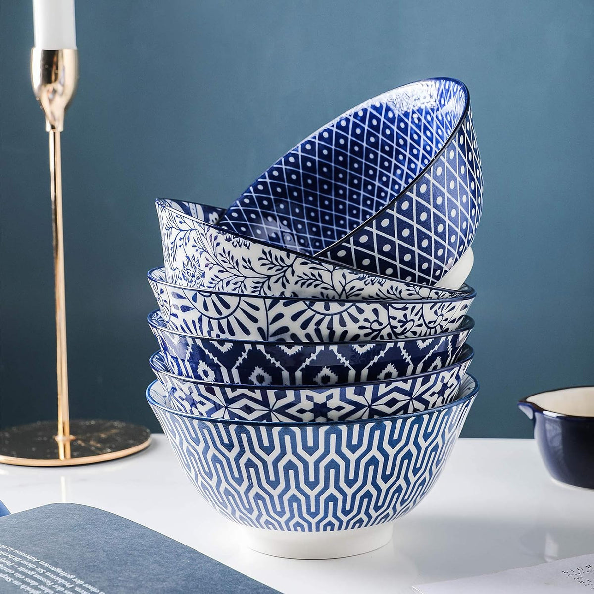 Selamica Blue and White Porcelain 20oz Cereal Bowl Set - Set of 6, 6 inch Soup Bowls, Ceramic bowls