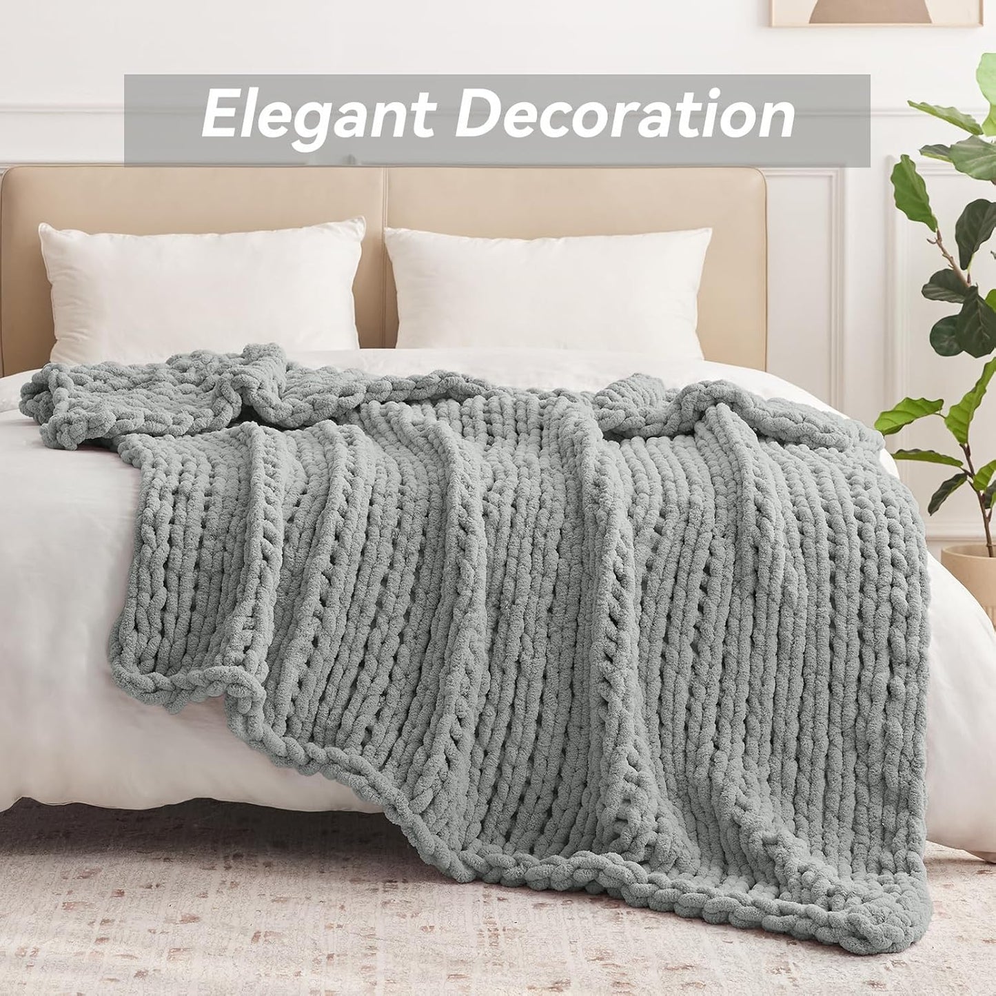 Chunky Knit Throw Blanket, 40''*50'' Knitted Throw Chenille Yarn for Bed Couch, Handmade Light Grey