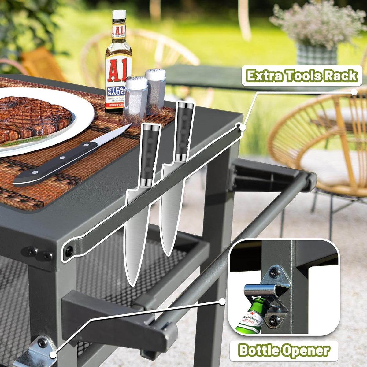 Domi 3-Shelf Outdoor Grill Table, Grill Cart Outdoor with Wheels, Pizza Oven and Food Prep Table