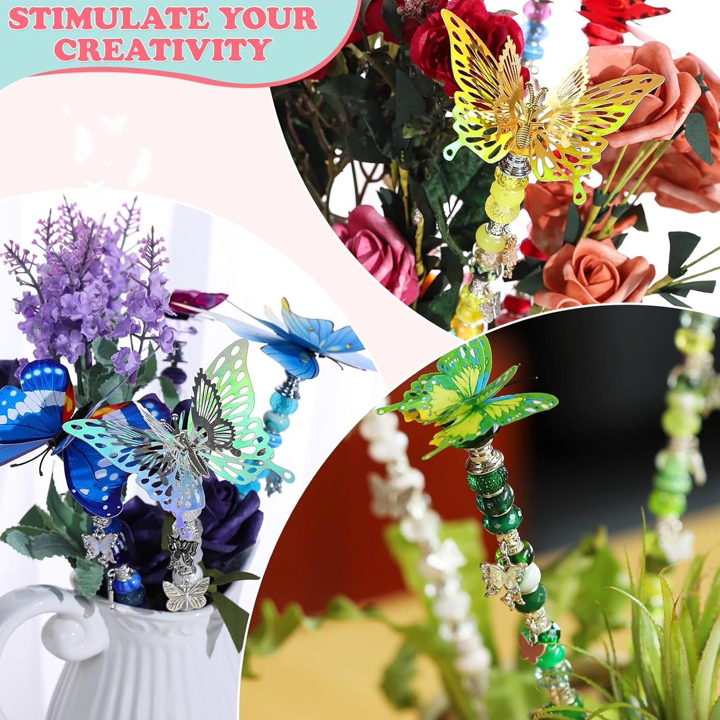 380pcs Beaded Garden Stake, DIY Butterfly Fairy Wand Garden Stake Kit with 10IN Threaded Rod