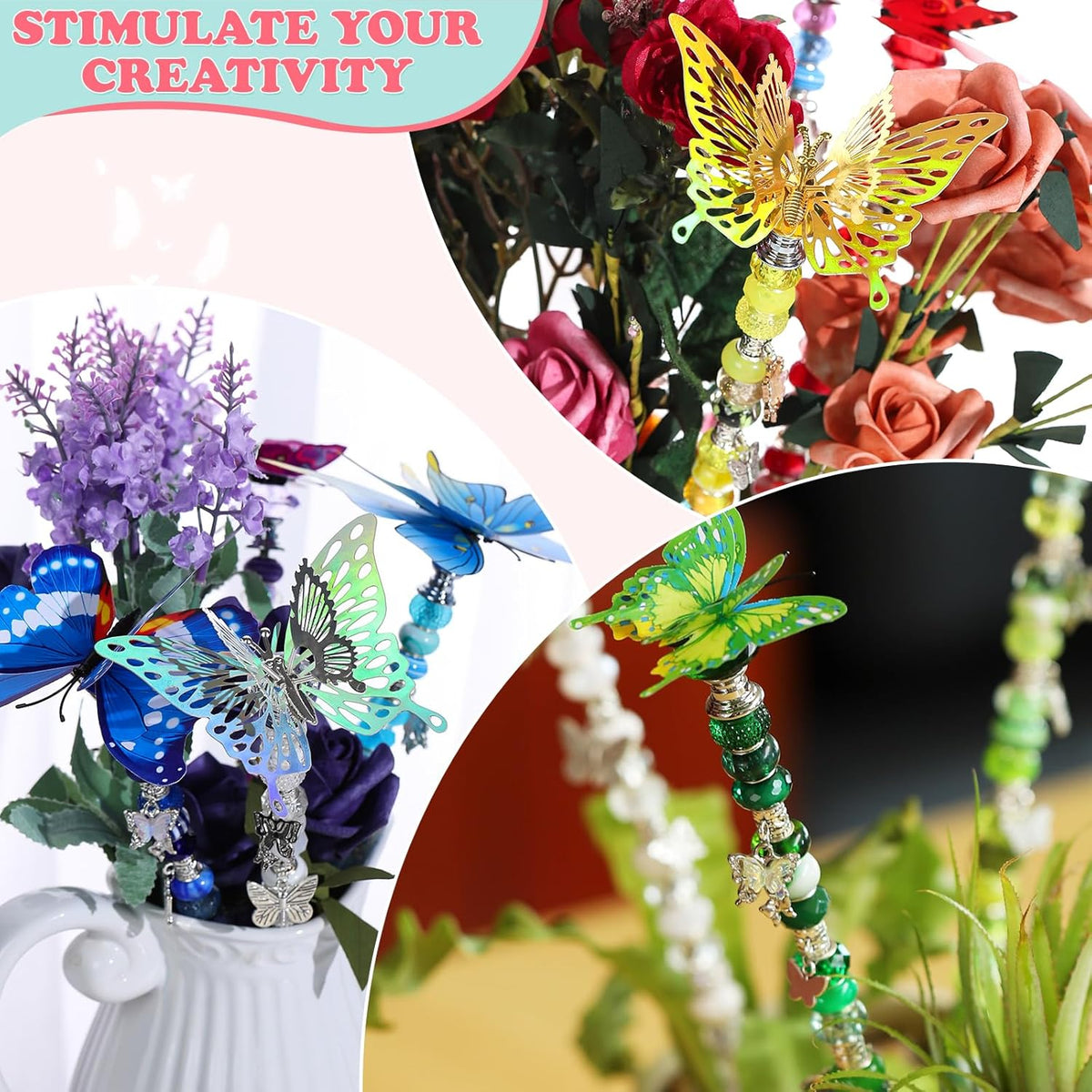 380pcs Beaded Garden Stake, DIY Butterfly Fairy Wand Garden Stake Kit with 10IN Threaded Rod