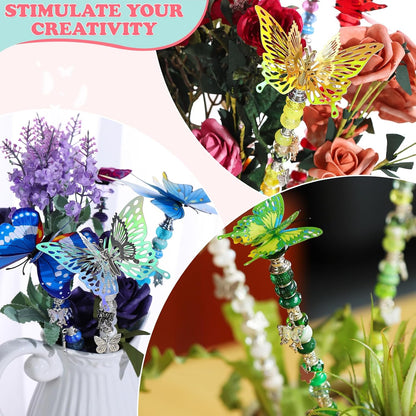 380pcs Beaded Garden Stake, DIY Butterfly Fairy Wand Garden Stake Kit with 10IN Threaded Rod