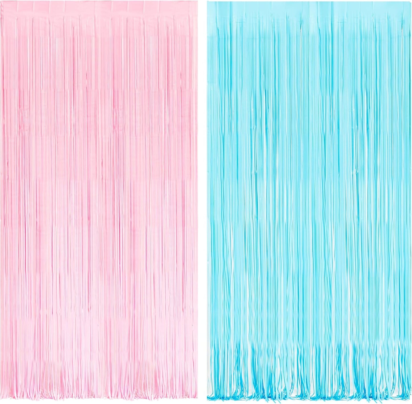 BRAVESHINE Tinsel Photo Backdrop Curtains - 2 Pack 3.2x8.2ft Pastel Pink Blue Foil Fringe Streamer