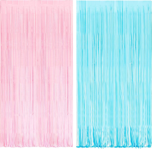 BRAVESHINE Tinsel Photo Backdrop Curtains - 2 Pack 3.2x8.2ft Pastel Pink Blue Foil Fringe Streamer
