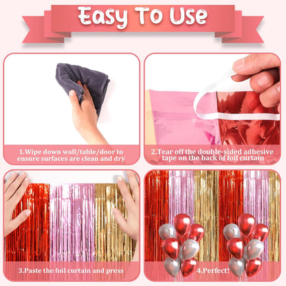 3 Pack 3.3 x 8.2 ft Valentine Foil Fringe Backdrop Curtains, Tinsel Streamers Party Decorations