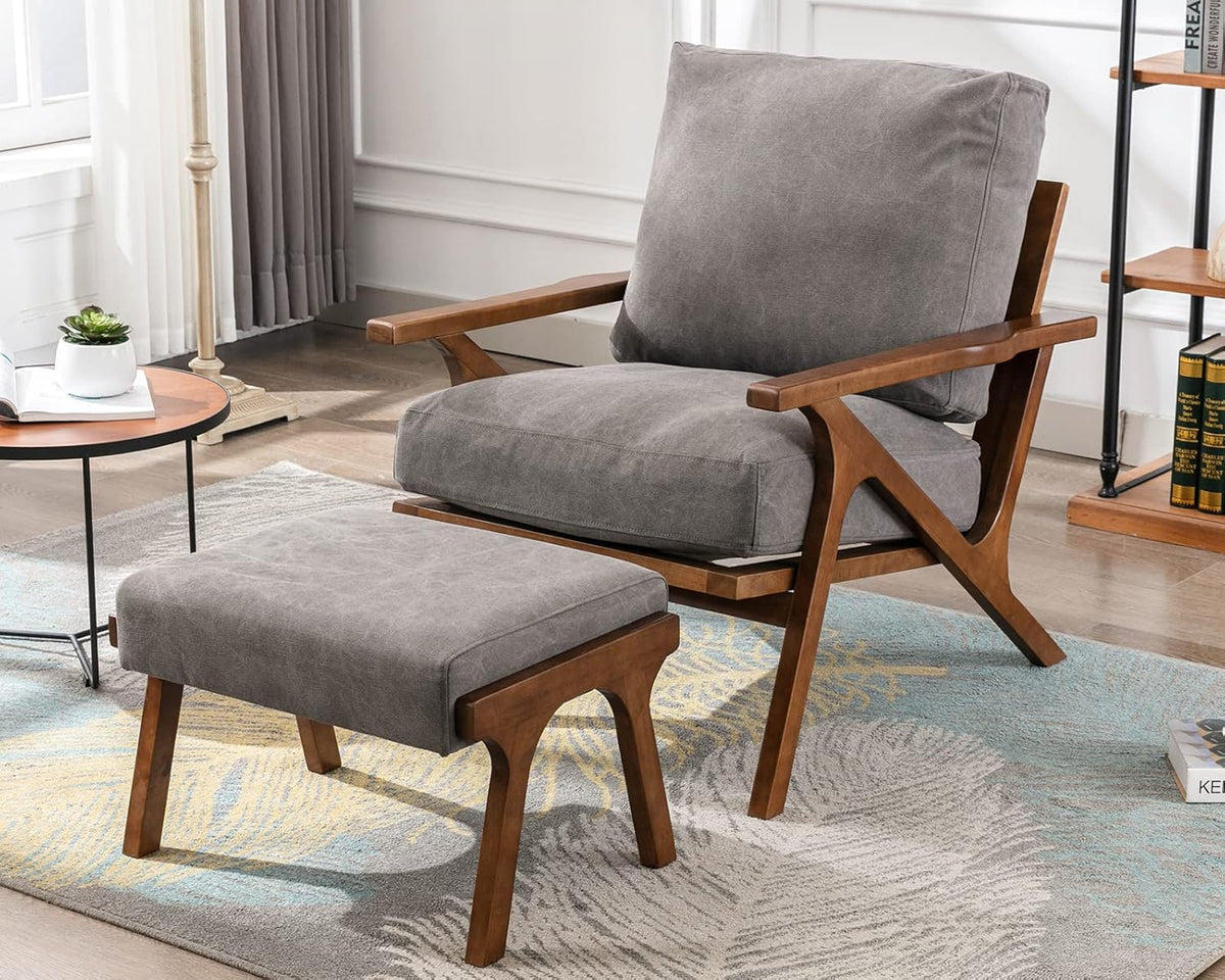 Mid Century Modern Accent Chair with ottoman, Farmhouse Linen Upholstered Living Room Armchair and