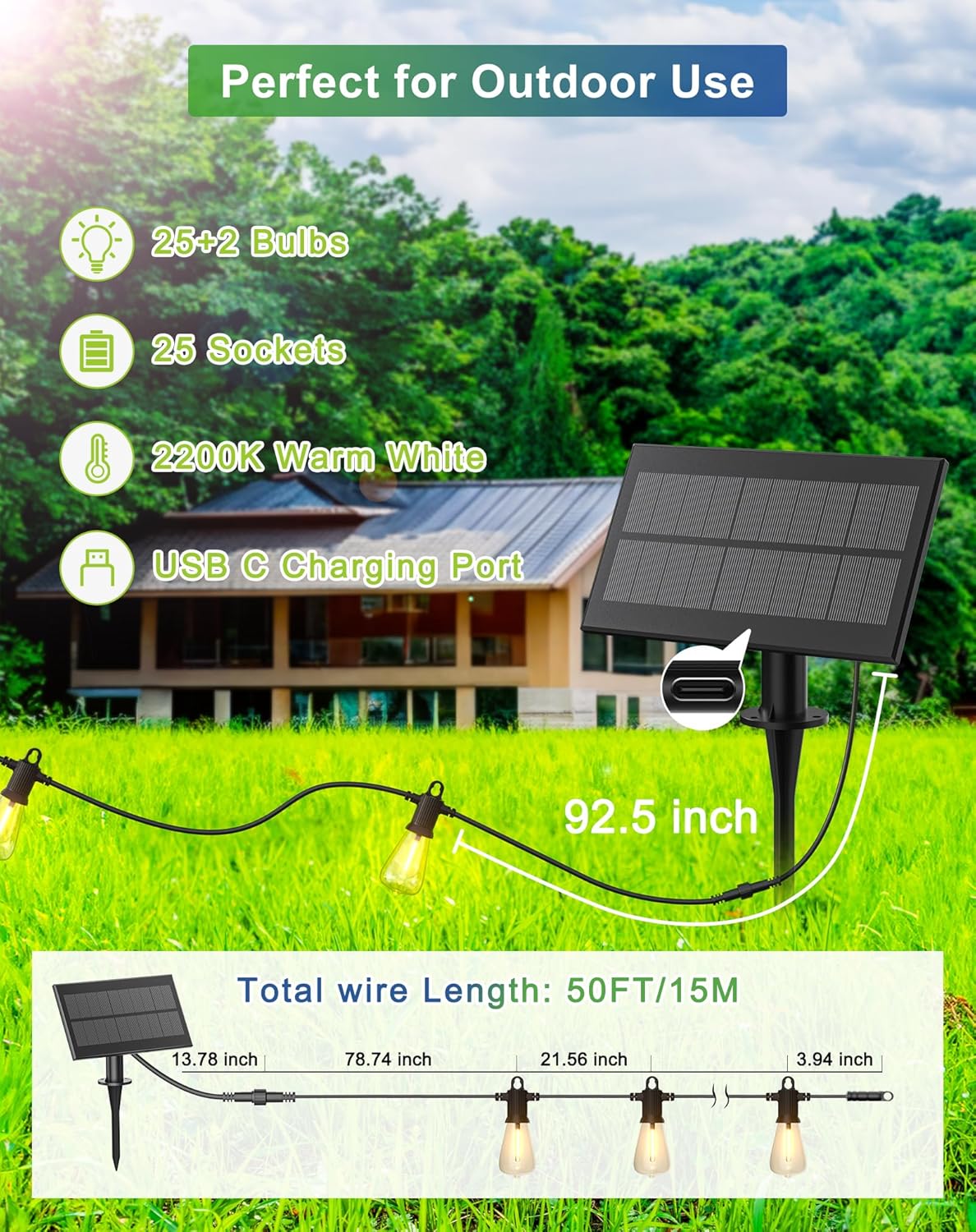 Solar String Lights Outdoor Waterproof 50FT with USB Port and 27 Shatterproof ST38 Bulbs(2 Spare)