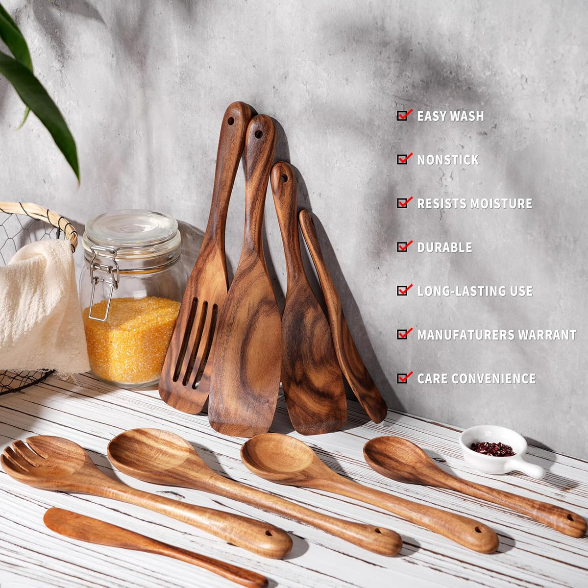 Wooden Cooking Utensils Set, 9 PCS Teak Wood Spoons, Spatula, Slotted Spoon, Handmade Modern