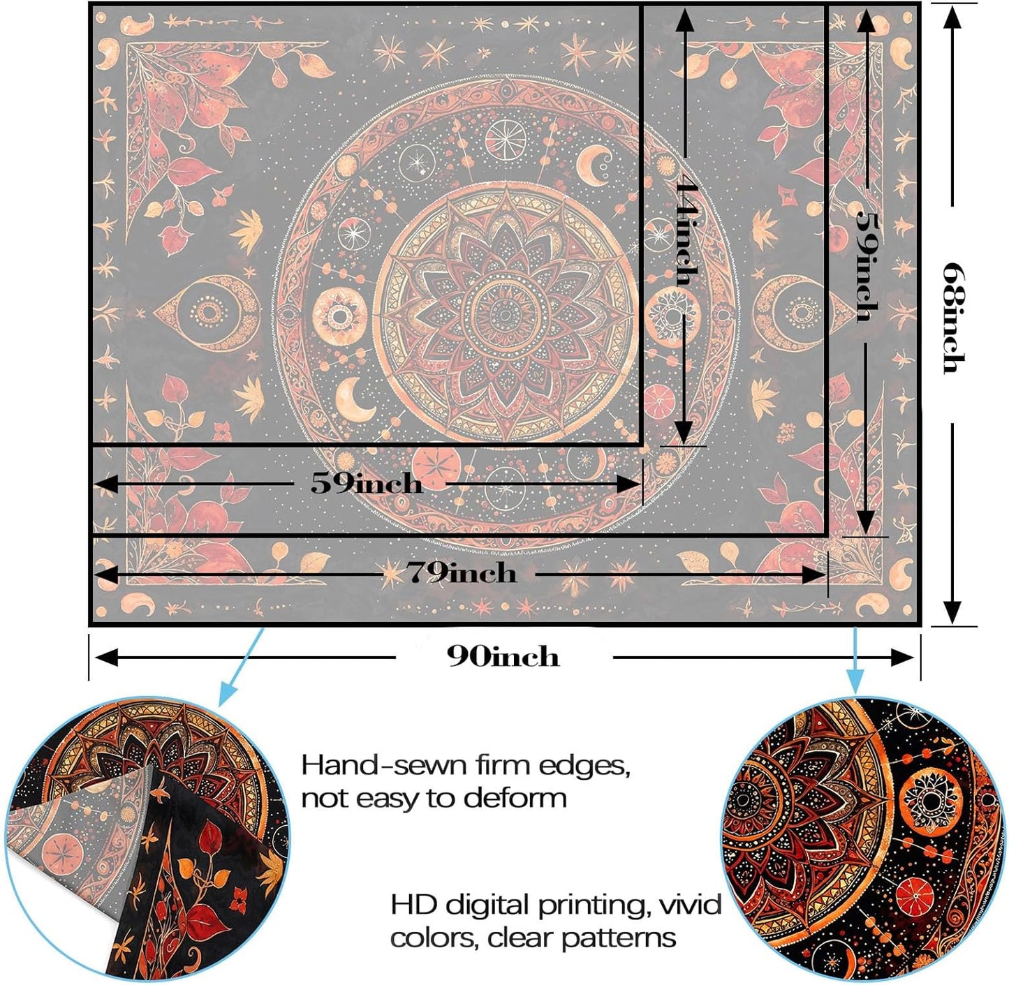 Lunerfex Mandala Moon and Stars Tapestry Boho Tapestry for Bedroom Black and Orange Tapestries Wall