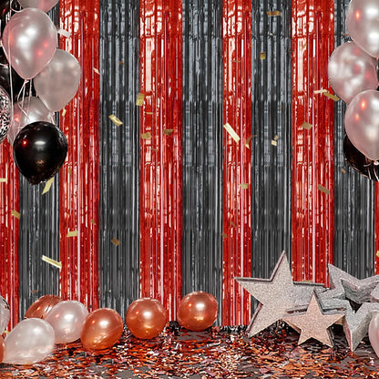 3 Pack Foil Fringe Backdrop - Red&Black Shiny Tinsel Curtains for Party Decoration/Photo Booth
