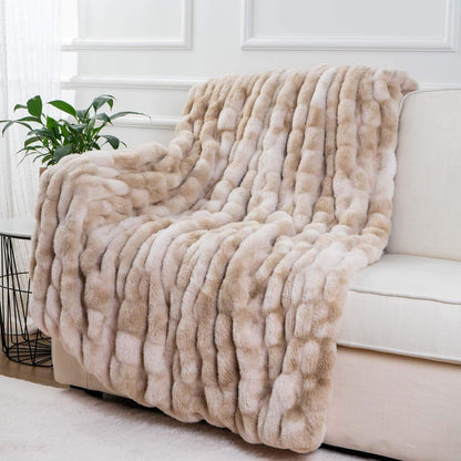 BATTILO HOME Ruched Luxurious Soft Beige Faux Fur Throw Blanket Fuzzy Plush Elegant with Reversible