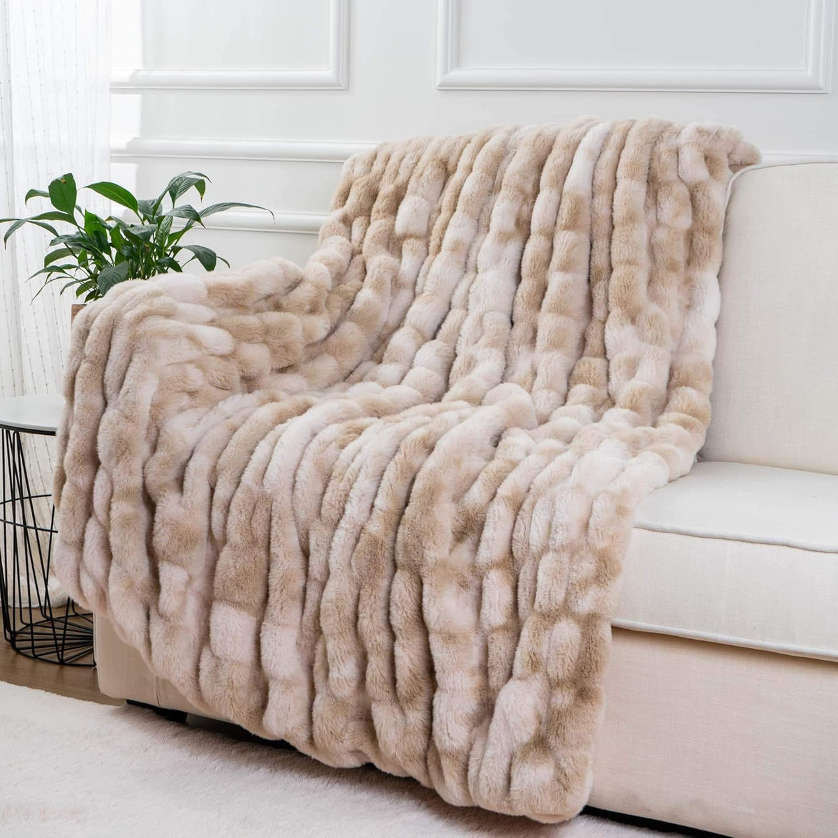 BATTILO HOME Ruched Luxury Faux Fur Throw Blanket Beige Tie-dye Rabbit Fur Blanket for Couch