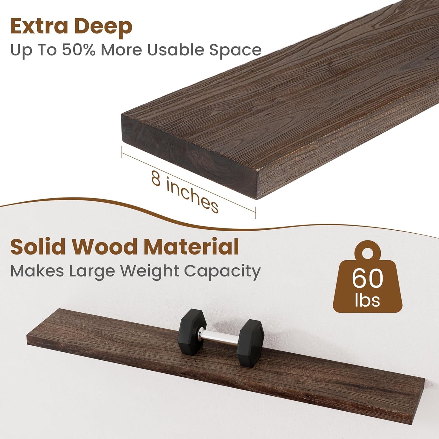 Floating Shelves for Wall Decor, 8 Inch Deep Rustic Solid Elm Wood Floating Shelves Wall Mounted