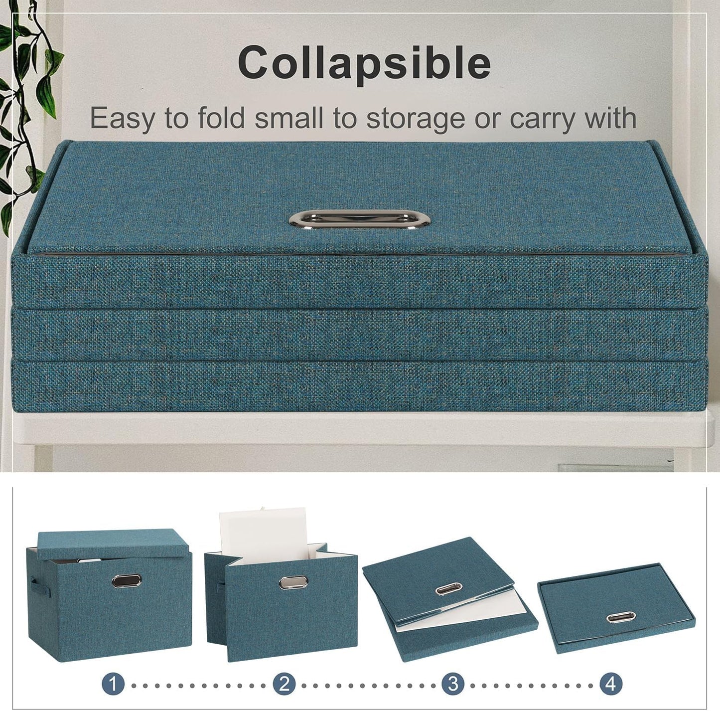 Large 17" 36 Quart Collapsible Stackable Storage Bins with Lids, 3 Packs Blue-Green Linen Fabric