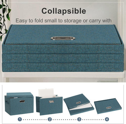 Large 17" 36 Quart Collapsible Stackable Storage Bins with Lids, 3 Packs Blue-Green Linen Fabric