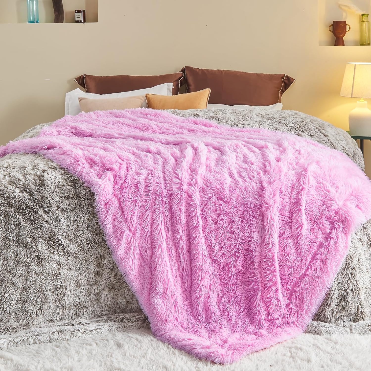 GONAAP Fuzzy Faux Fur Throw Blanket Queen Size Light Pink Super Soft Cozy Plush Fuzzy Shaggy