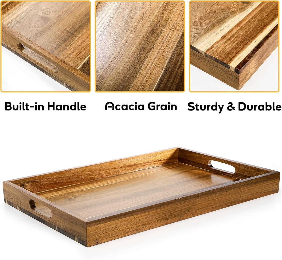 YOUEON 2 Pack Large Acacia Wood Serving Tray with Handles, 17x12 Inch Decorative Wood Trays for