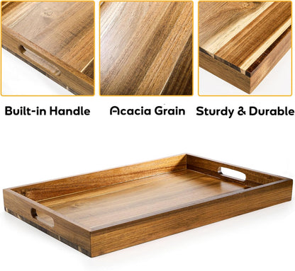 YOUEON 2 Pack Large Acacia Wood Serving Tray with Handles, 17x12 Inch Decorative Wood Trays for