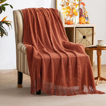 MIULEE Fall Rust Knitted Throw Blanket for Couch Boho Terracotta Textured Cozy Woven Blanket with