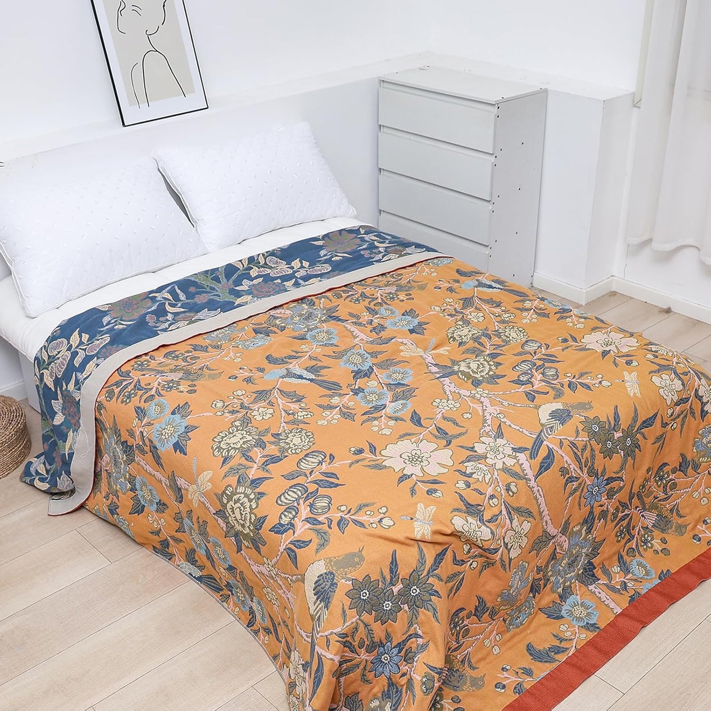 Snycler Boho Throw Blanket for Bed - 100% Cotton Ultra Soft Rustic Quilt Blanket Orange Bird Floral