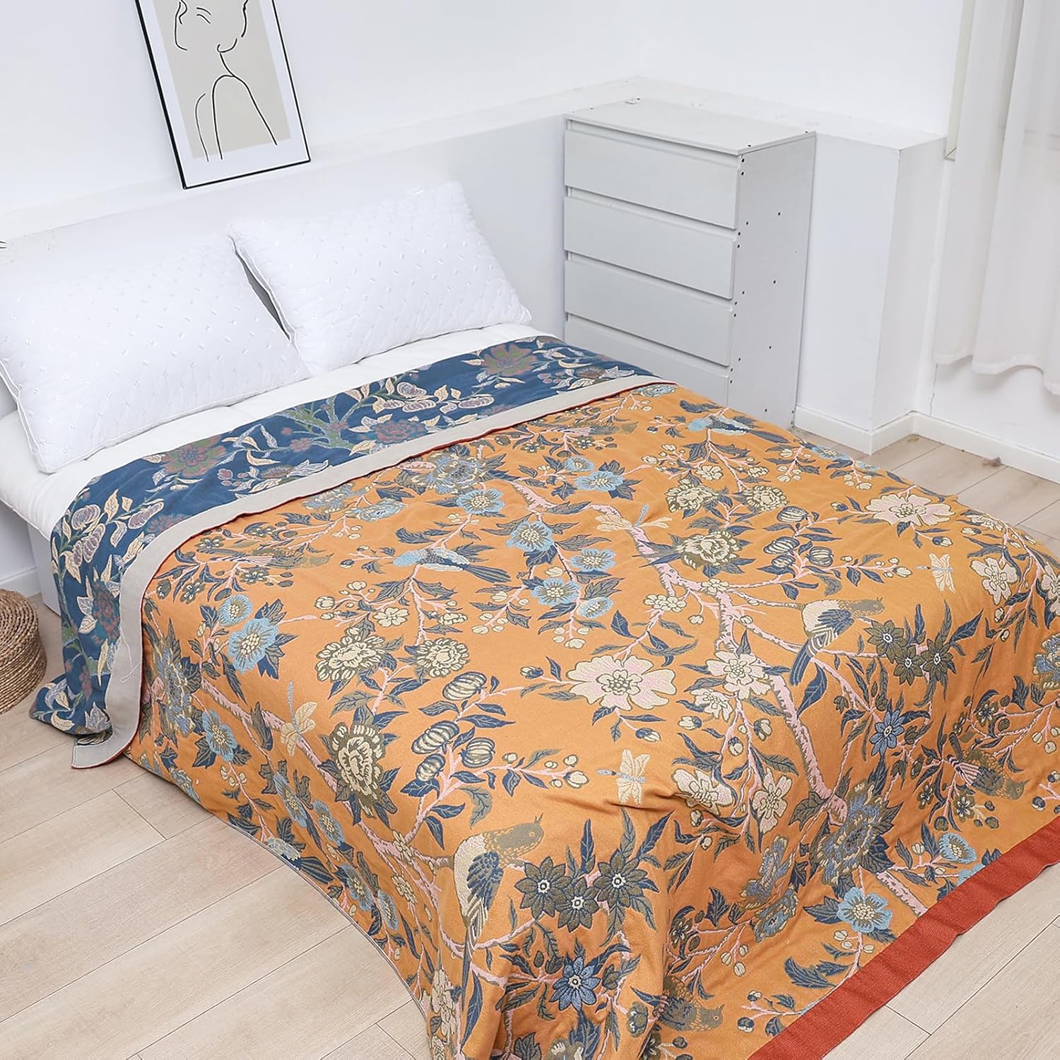 Snycler Boho Throw Blanket for Bed - 100% Cotton Ultra Soft Rustic Quilt Blanket Orange Bird Floral