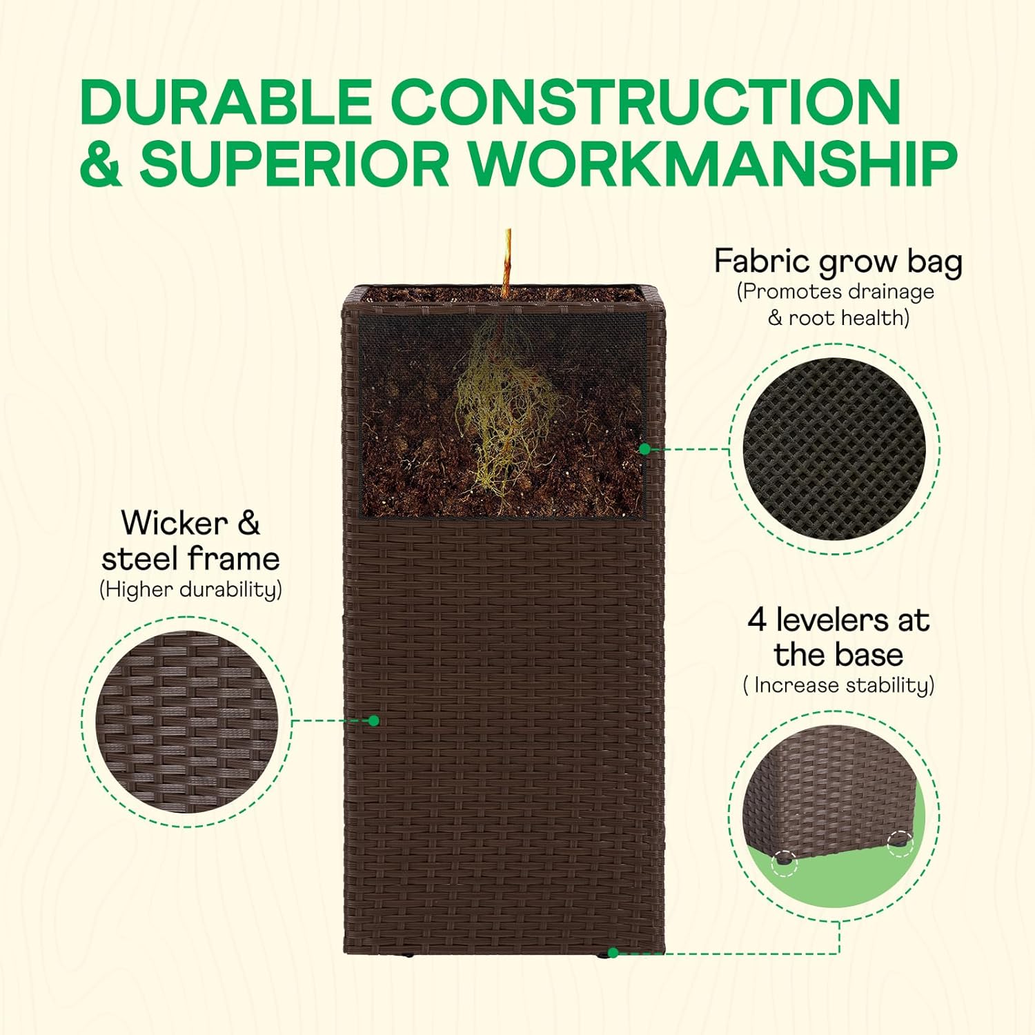IDZO All-Weather Wicker Planters, Set of 2, 24 in Tall Wicker Planters, Self-Watering with