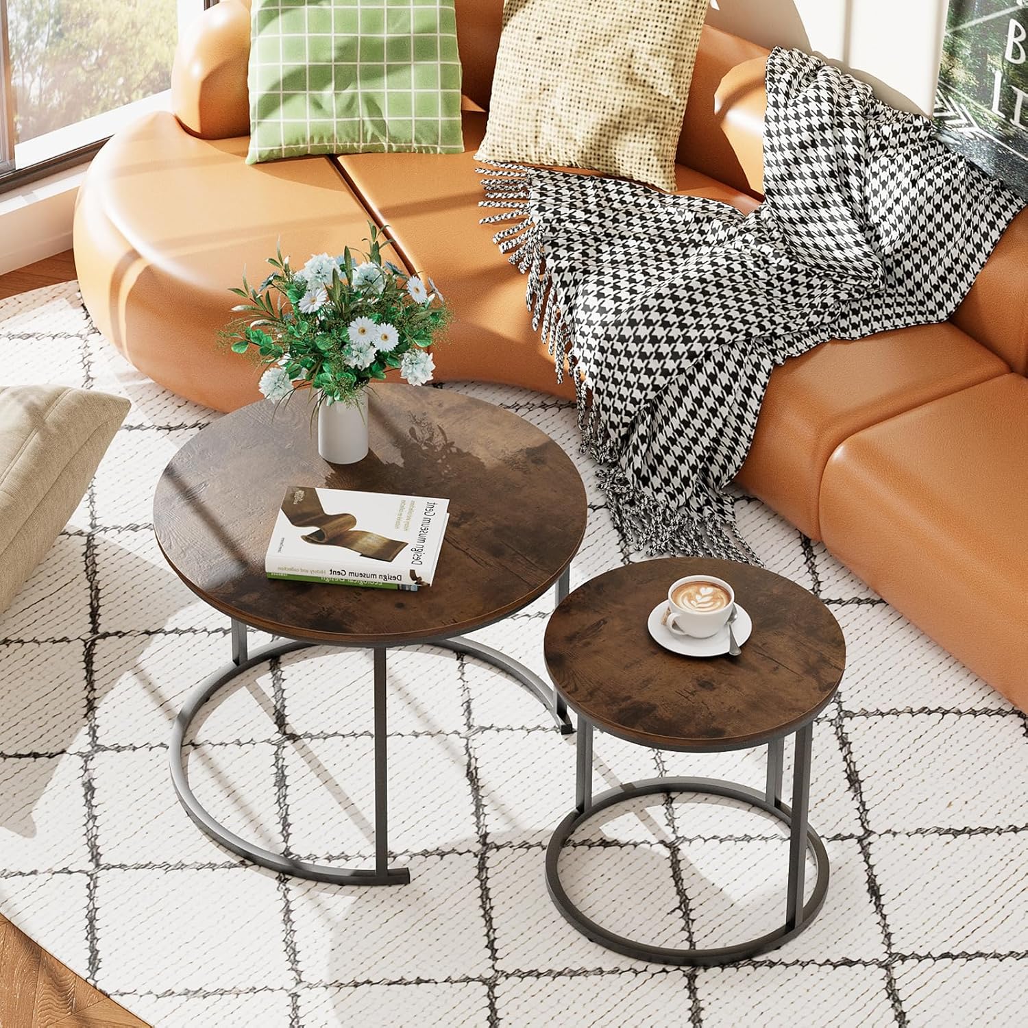 aboxoo Coffee Table Nesting Round Table Set of 2 Side Table with Sturdy Metal Frame for Living Room