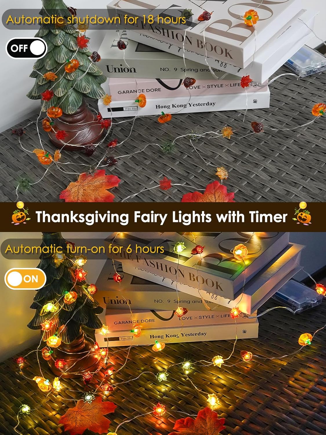 Fall Decorations 3D Pumpkin Acorn Maple Leaf Fairy Lights Battery Operated with Remote, 10FT 30 LED