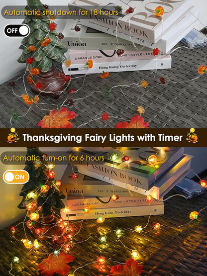 Fall Decorations 3D Pumpkin Acorn Maple Leaf Fairy Lights Battery Operated with Remote, 10FT 30 LED
