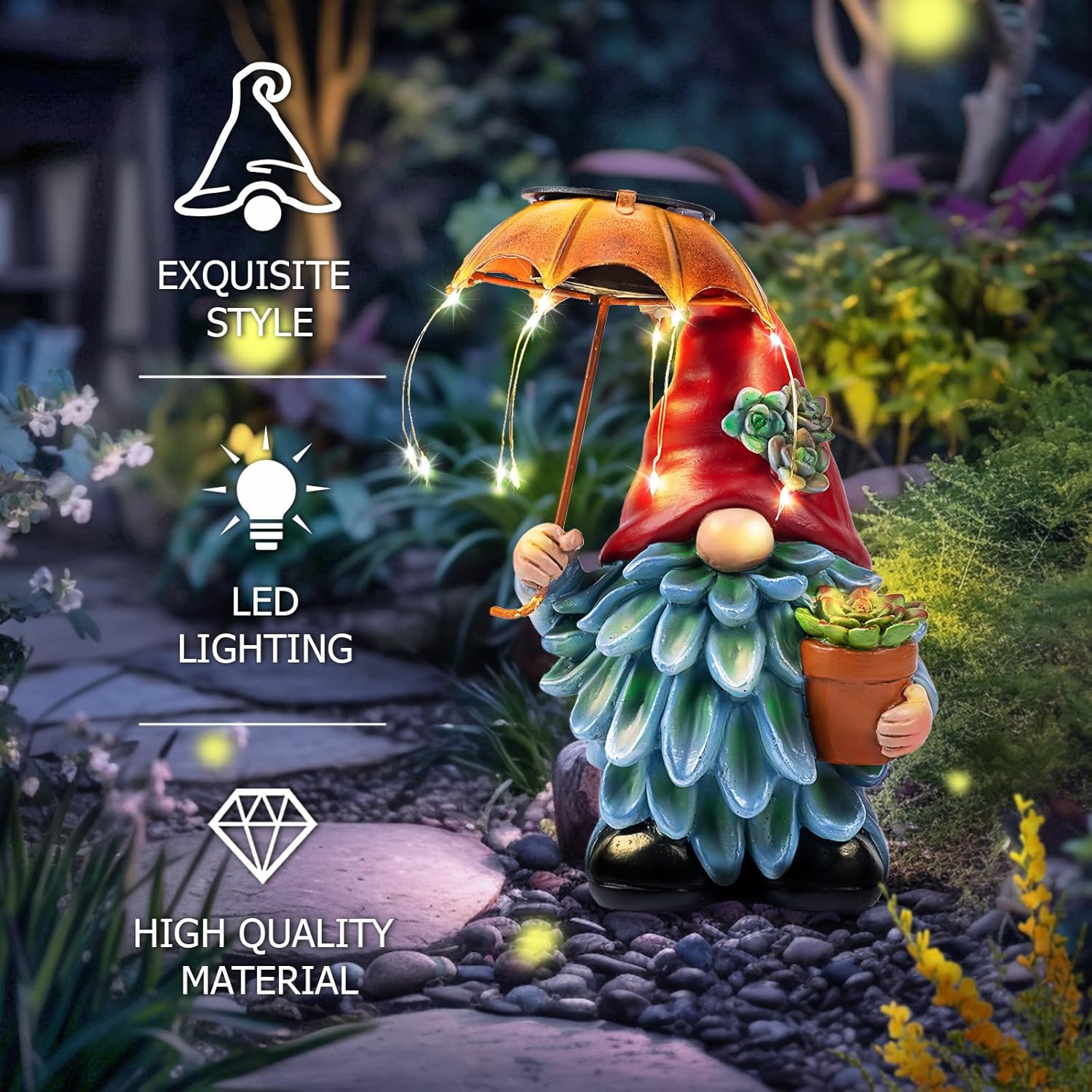 Solar Outdoor Statues Gnome Garden Decor, Garden Gnome with Solar LED Umbrella Decorative for