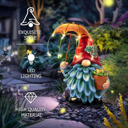 Solar Outdoor Statues Gnome Garden Decor, Garden Gnome with Solar LED Umbrella Decorative for