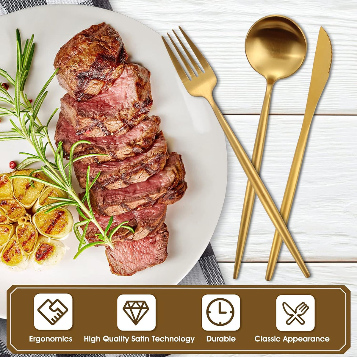 Matte Gold Silverware Set, 20-Piece Stainless Steel Flatware, Tableware Cutlery Service for 4