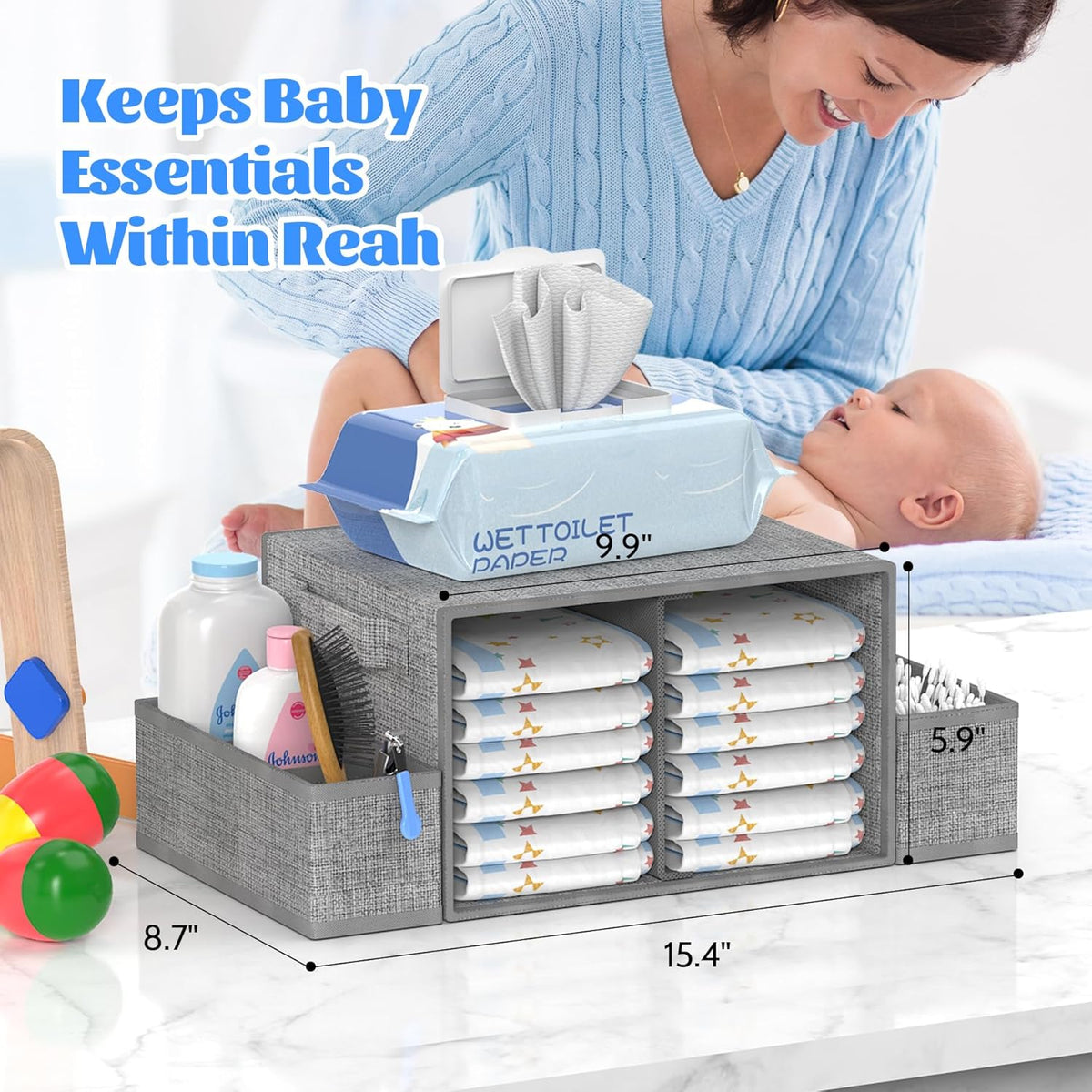 2In1 Baby Diaper Caddy & 3-Tier Rolling Diaper Cart, Caddy Organizer Cart with Dividers, Mobile