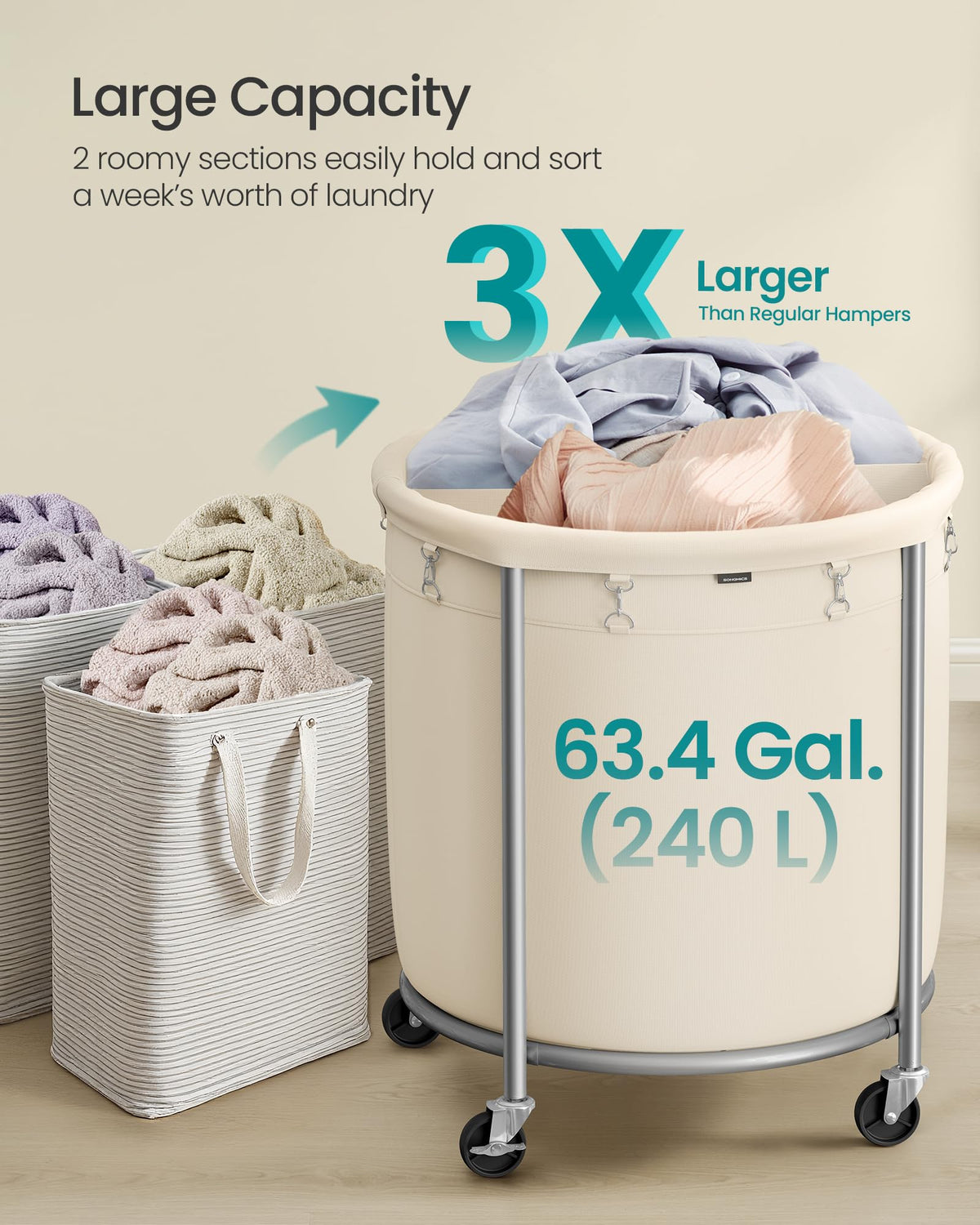SONGMICS Laundry Basket, Rolling Steel Frame with 2 Locking Wheels, 240 L