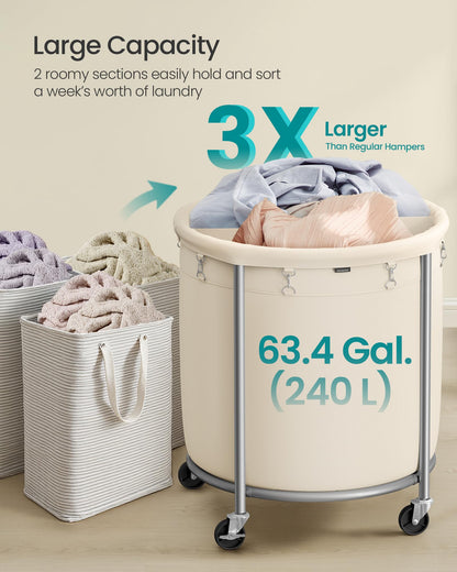 SONGMICS Laundry Basket, Rolling Steel Frame with 2 Locking Wheels, 240 L