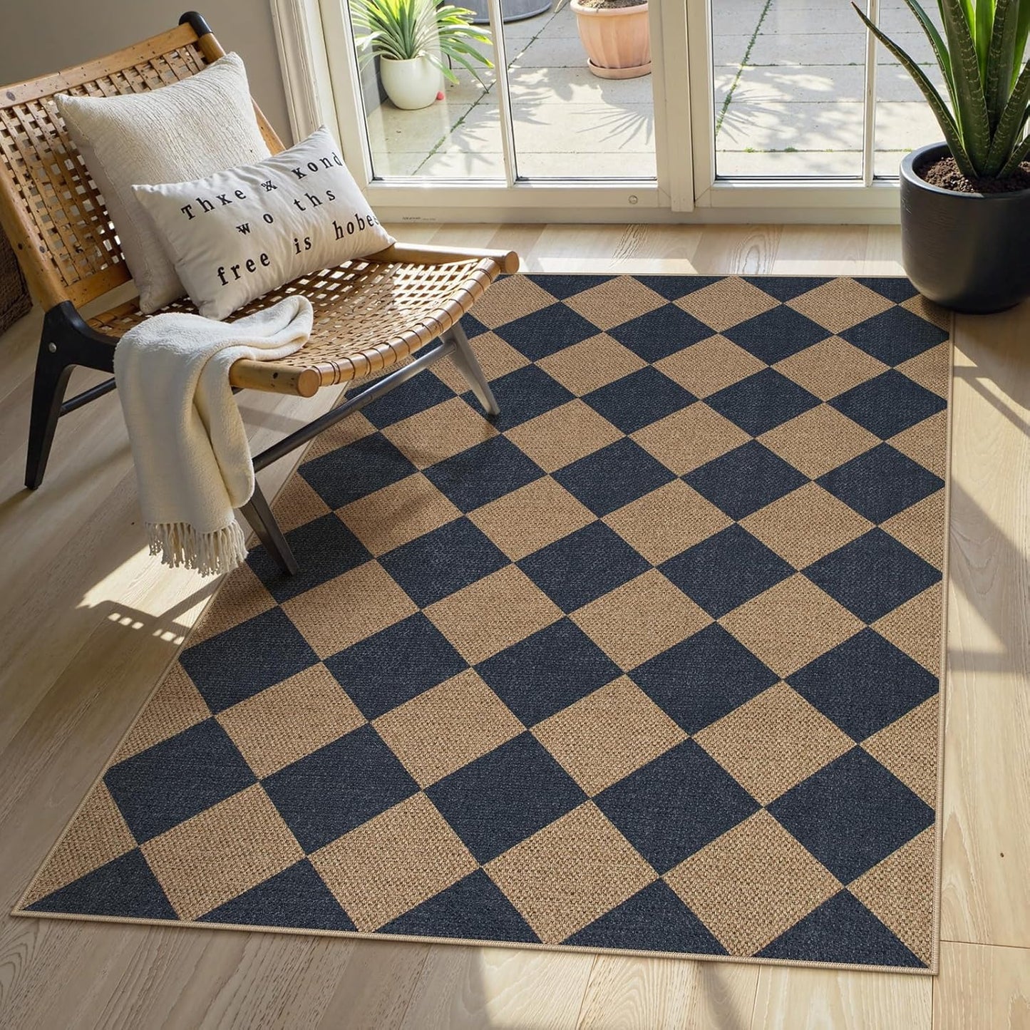 Lahome Checkered Easy Jute Entryway Rug, 3x5 Washable Area Rugs for Living Room Outdoor Patio, Non