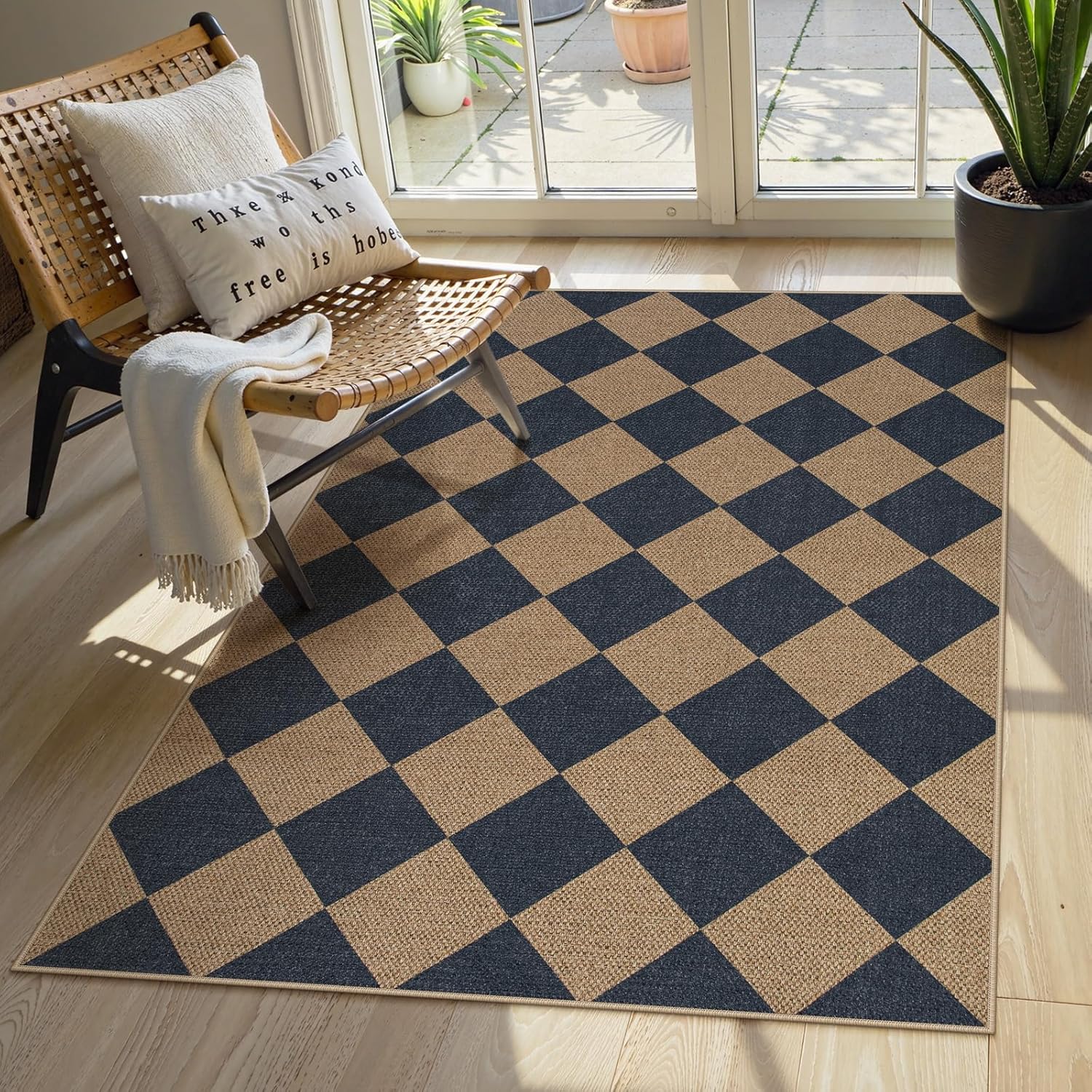 Lahome Checkered Easy Jute Entryway Rug, 3x5 Washable Area Rugs for Living Room Outdoor Patio, Non
