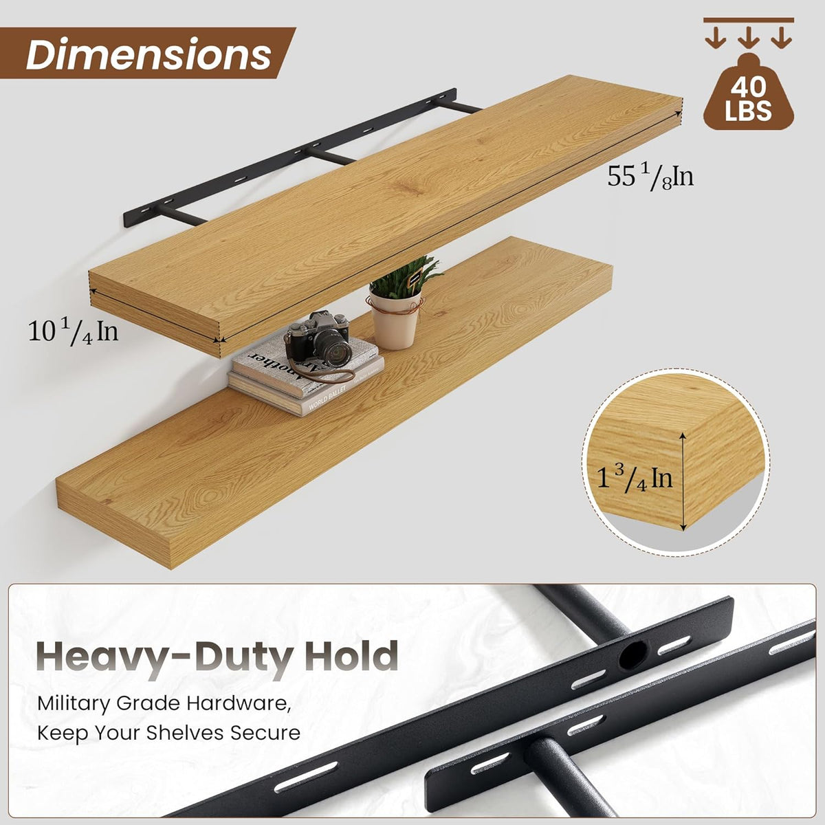 Heimlove 55 Inch Floating Shelves for Wall,10 Deep Large Rustic Wall Shelf with Heavy Duty