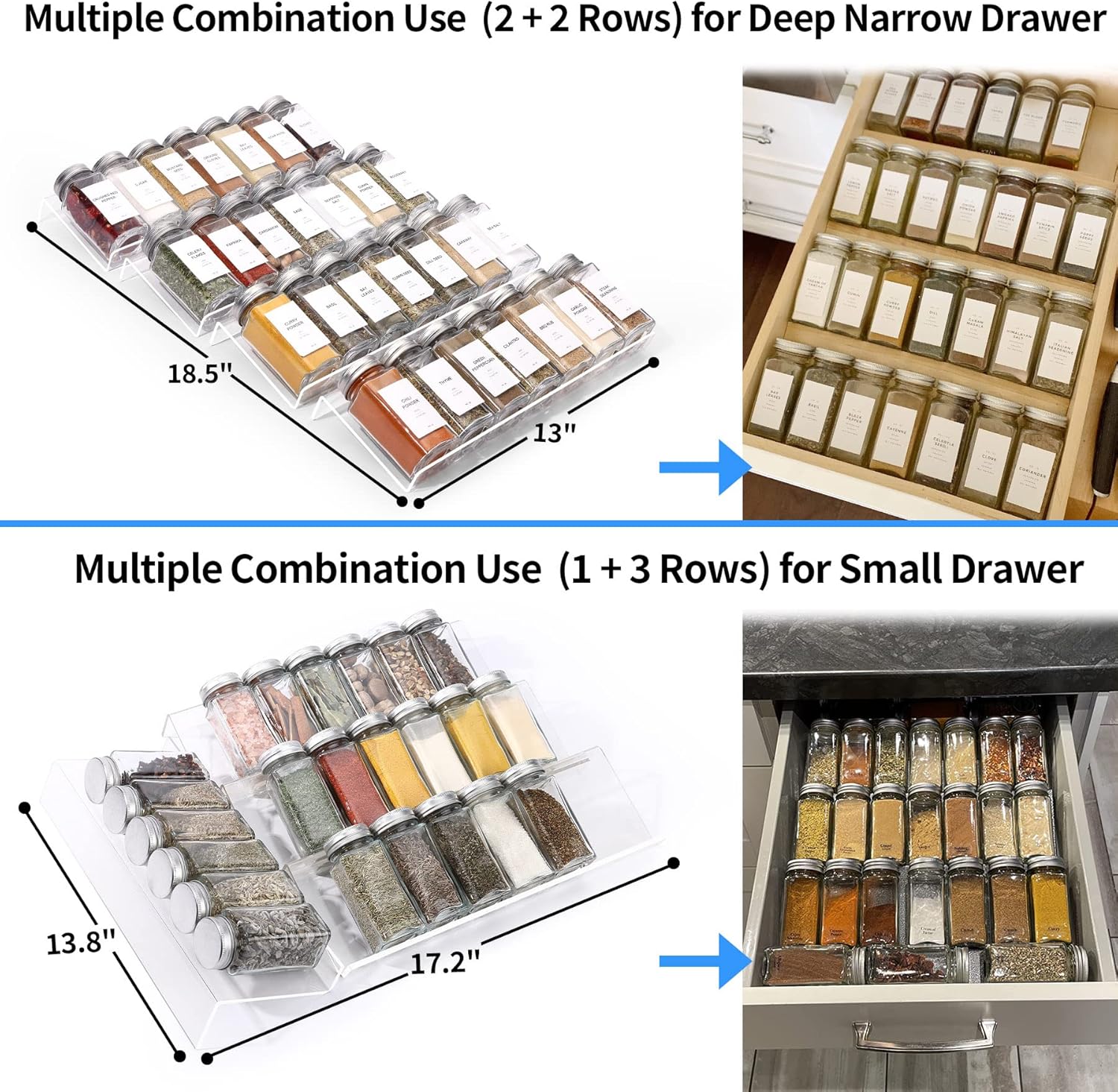 MIUKAA Clear Acrylic Spice Drawer Organizer, 4 Tier Seasoning Jars Drawers Insert, Kitchen Spice