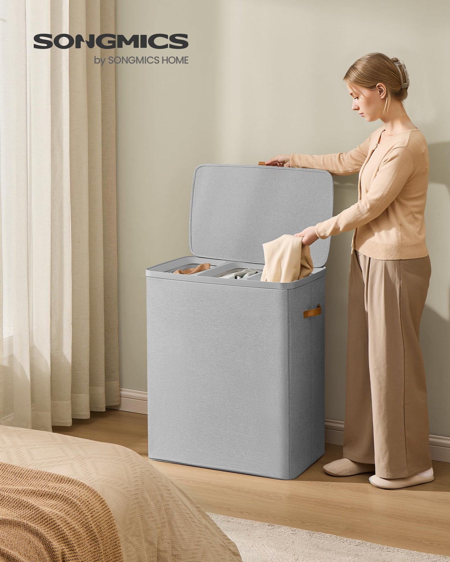 SONGMICS Laundry Basket, 50.2 Gal. Laundry Hamper, 3 Compartments, Easy Assembly, with Lid and