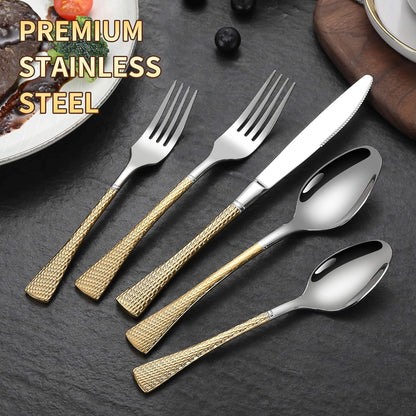 Hammered Silver Gold Silverware Set,20 Piece Modern Flatware Set Service for 4,Mirror Polished