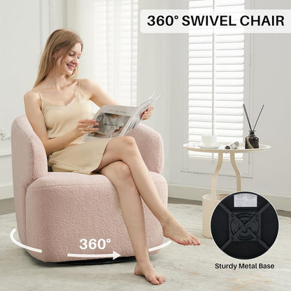 Swivel Accent Chair, Sherpa Teddy Barrel Chair for Living Room, Cozy Round Boucle Arm Chair, Metal