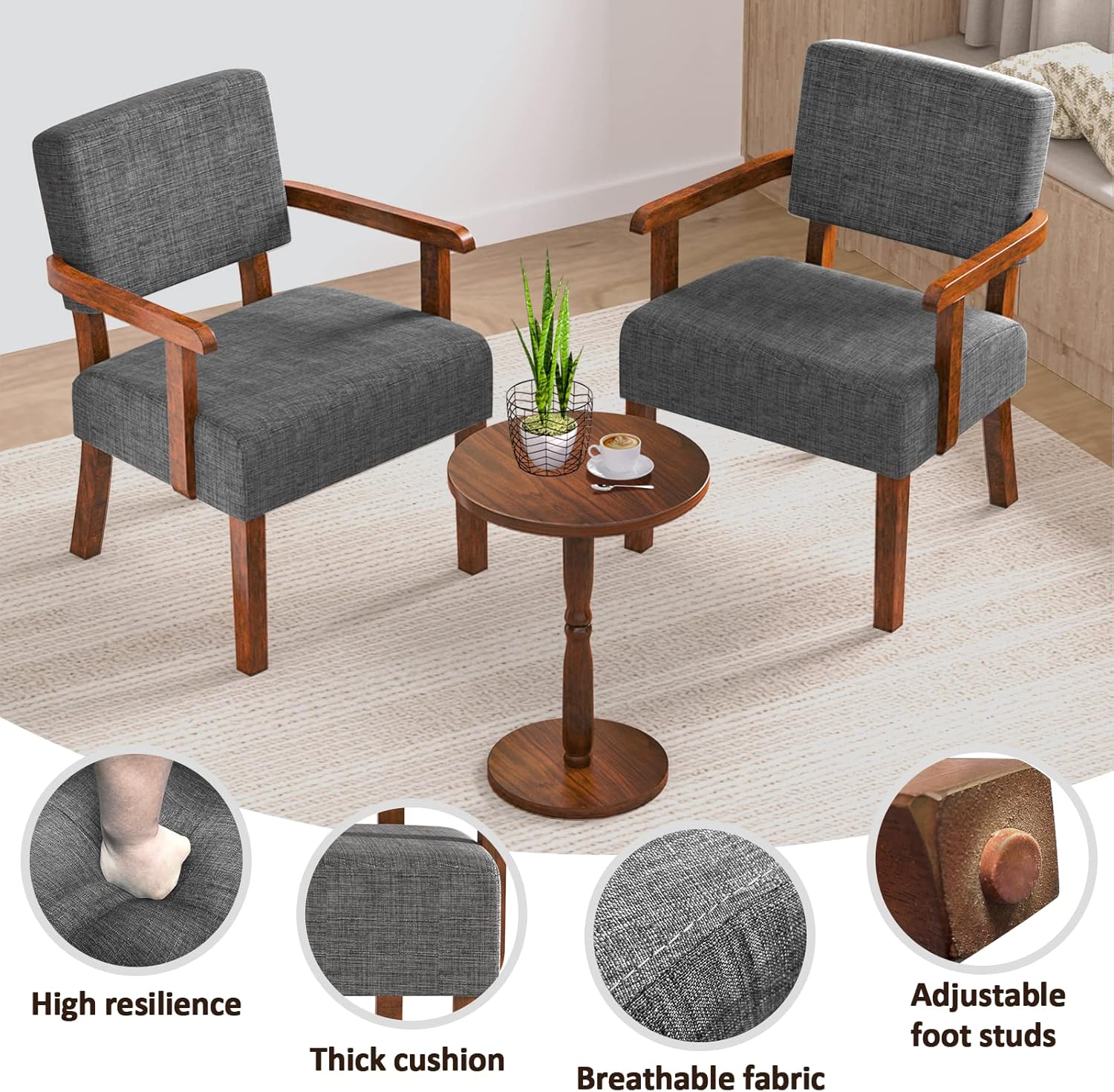 Accent Chair Set of 2 with Table, Living Room Chairs with Soft Seat and Armrests for Living Room