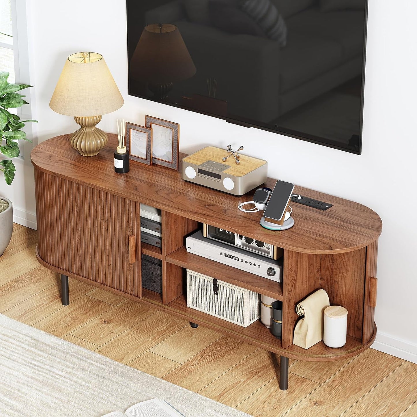 TV Stand with Power Outlet, Mid-Century Modern Television Stand, Media Console with Sliding Doors