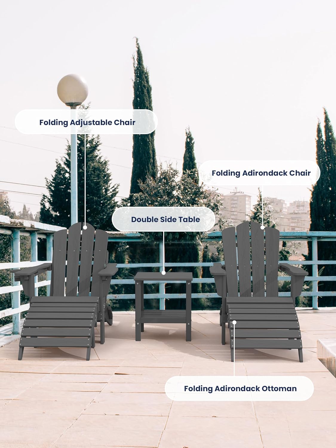 KINGYES Folding Adirondack Ottoman for Adirondack Chair, Grey
