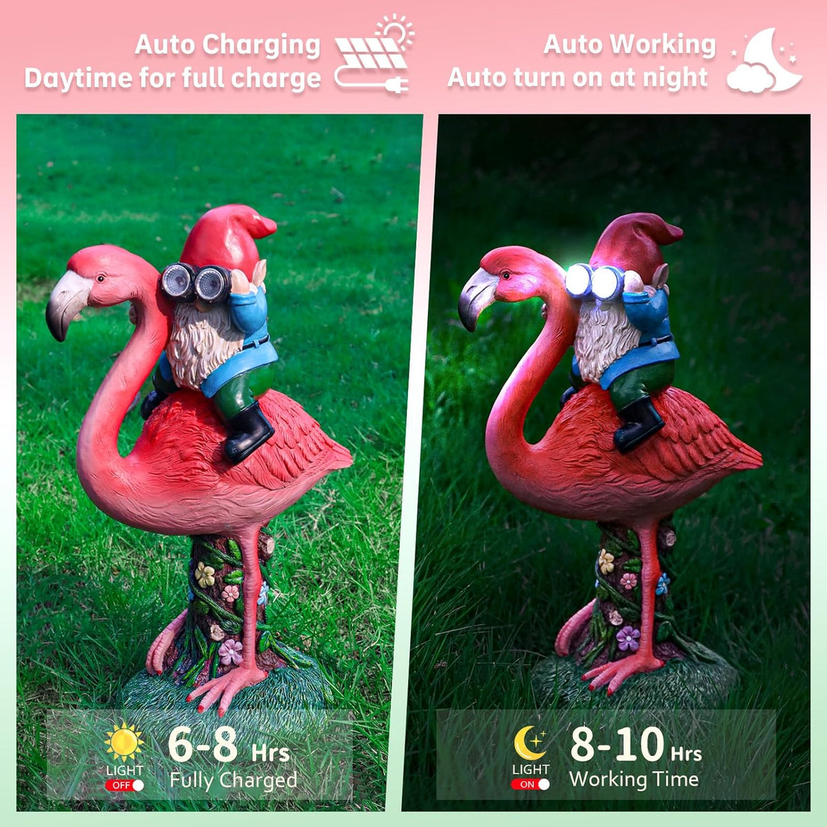 Solar Flamingo Gnome Garden Decor Statue, Outdoor Funny Solar Light Decoration for Yard, Patio